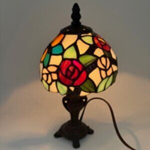 Tiffany-Style Table Accent Lamp Multi-Colored Rose and Butterfly Pattern